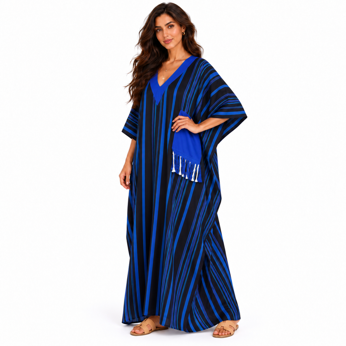 Elegant Blue Striped Oversized Linen Kaftan