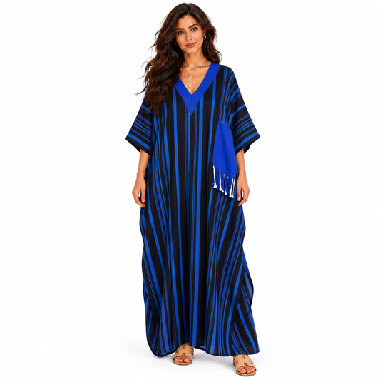 Elegant Blue Striped Oversized Linen Kaftan