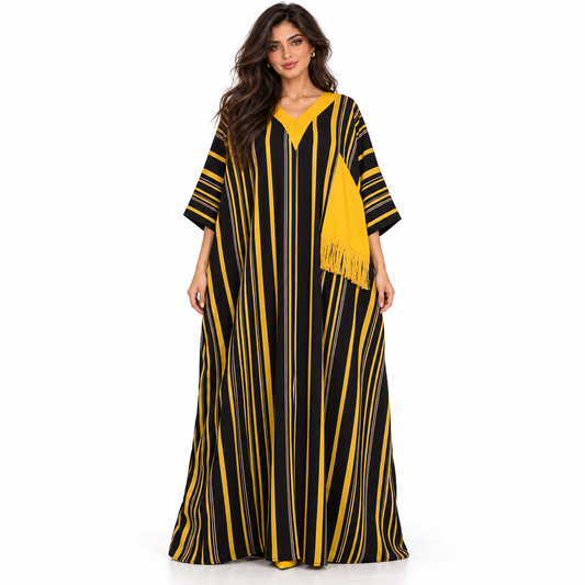 Elegant Black Yellow Striped Linen Kaftan
