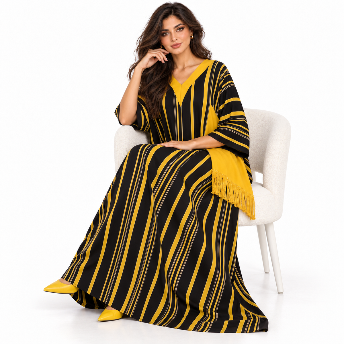 Elegant Black Yellow Striped Linen Kaftan