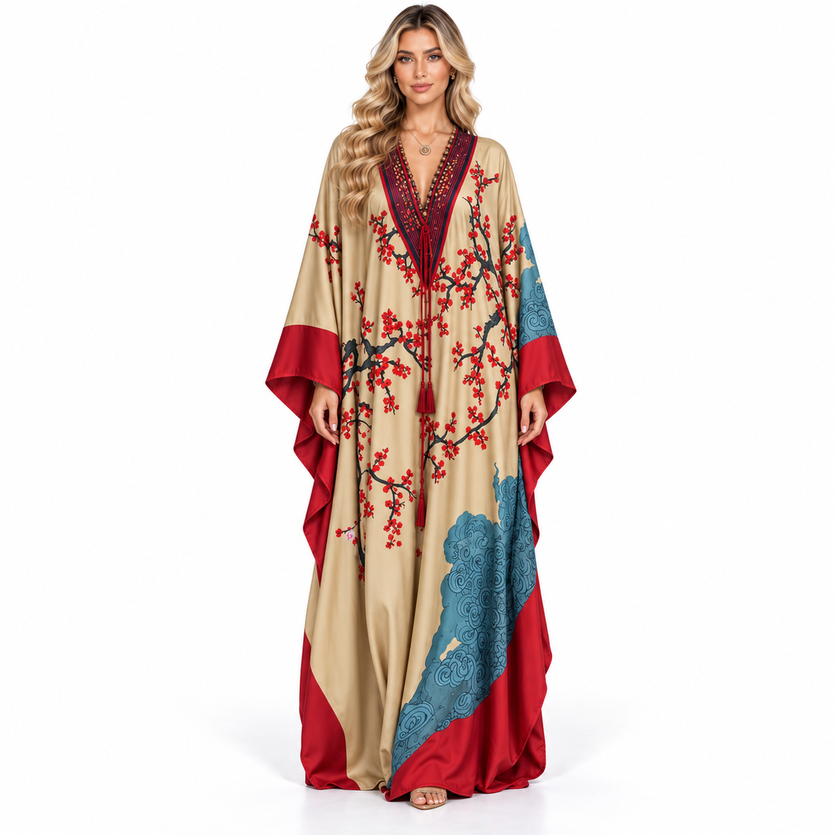 Beige Floral Print Elegant Modern Kaftan