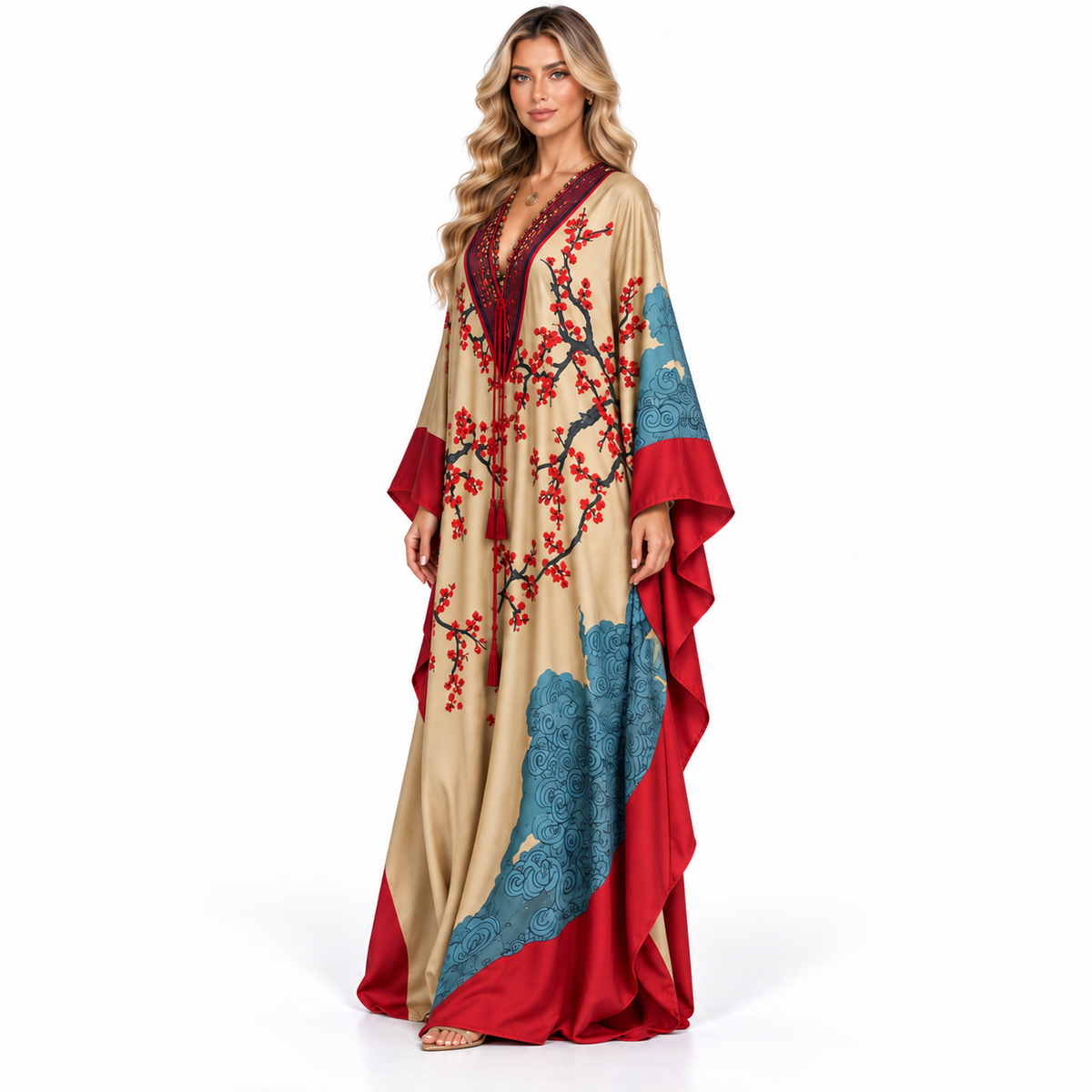 Beige Floral Print Elegant Modern Kaftan