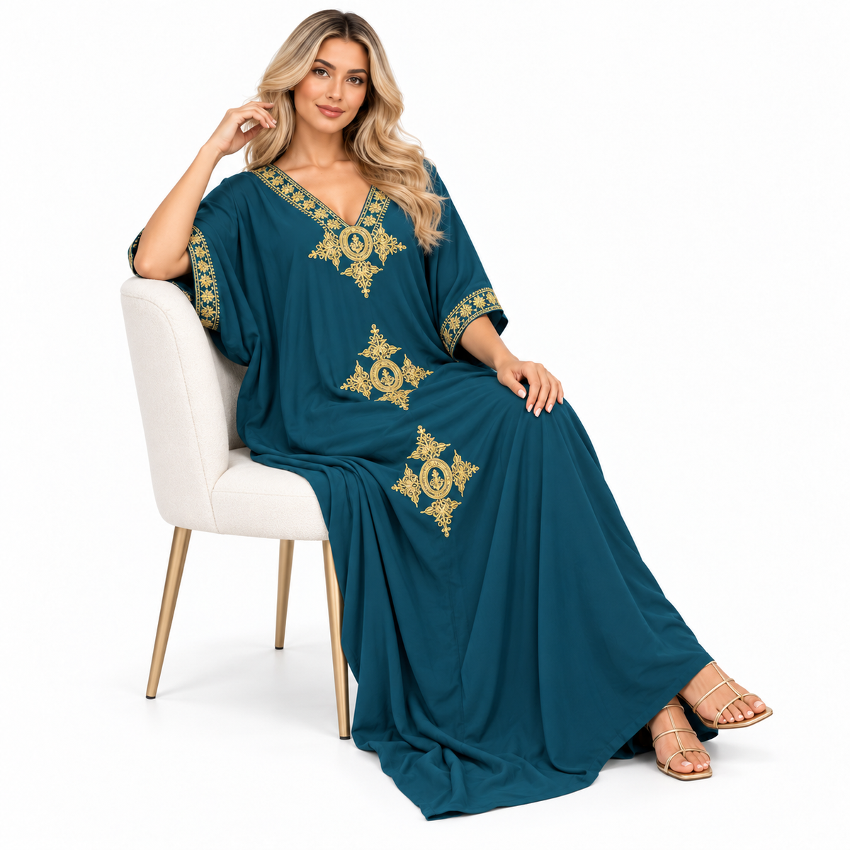 Elegant Teal Gold Embroidery Modern Kaftan
