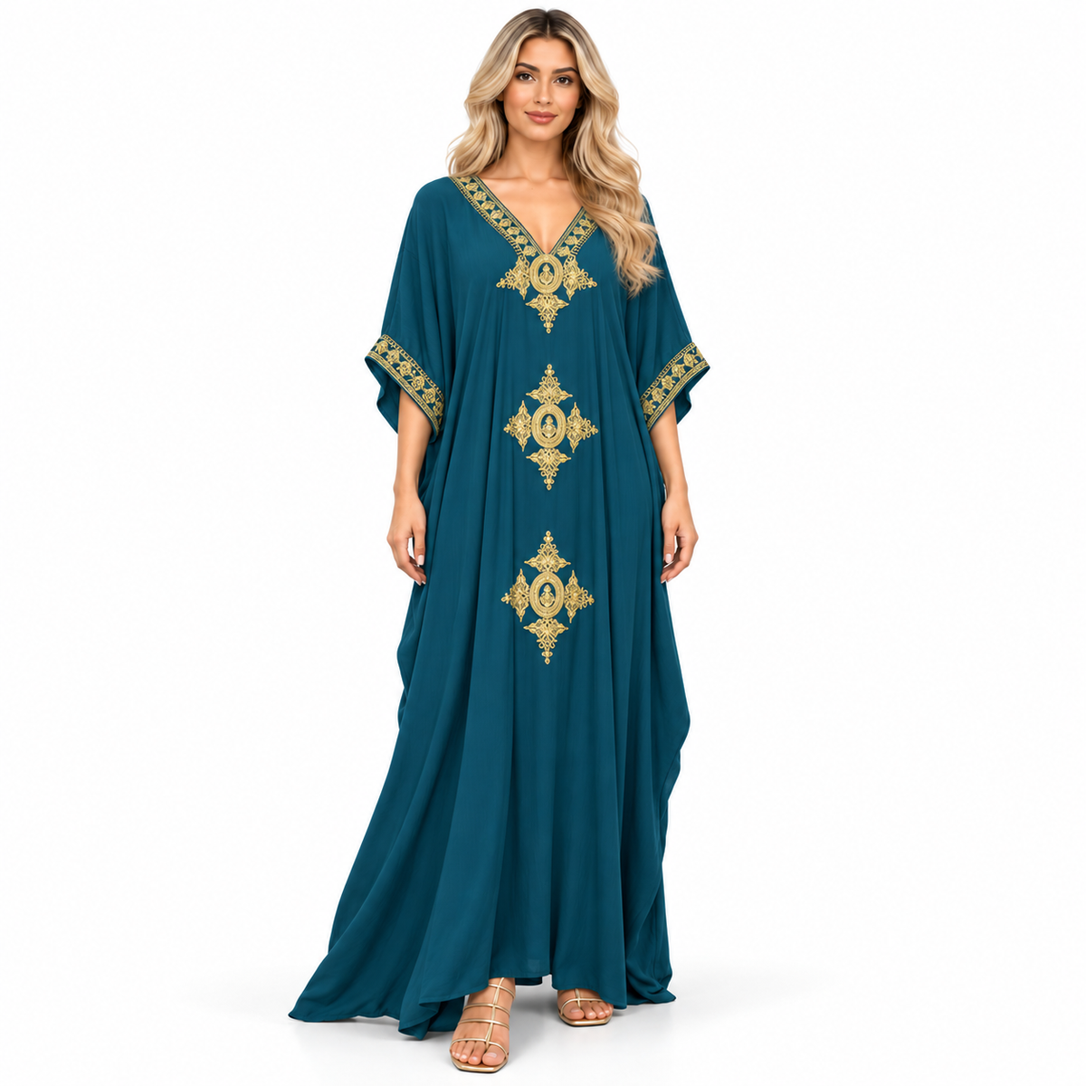 Elegant Teal Gold Embroidery Modern Kaftan