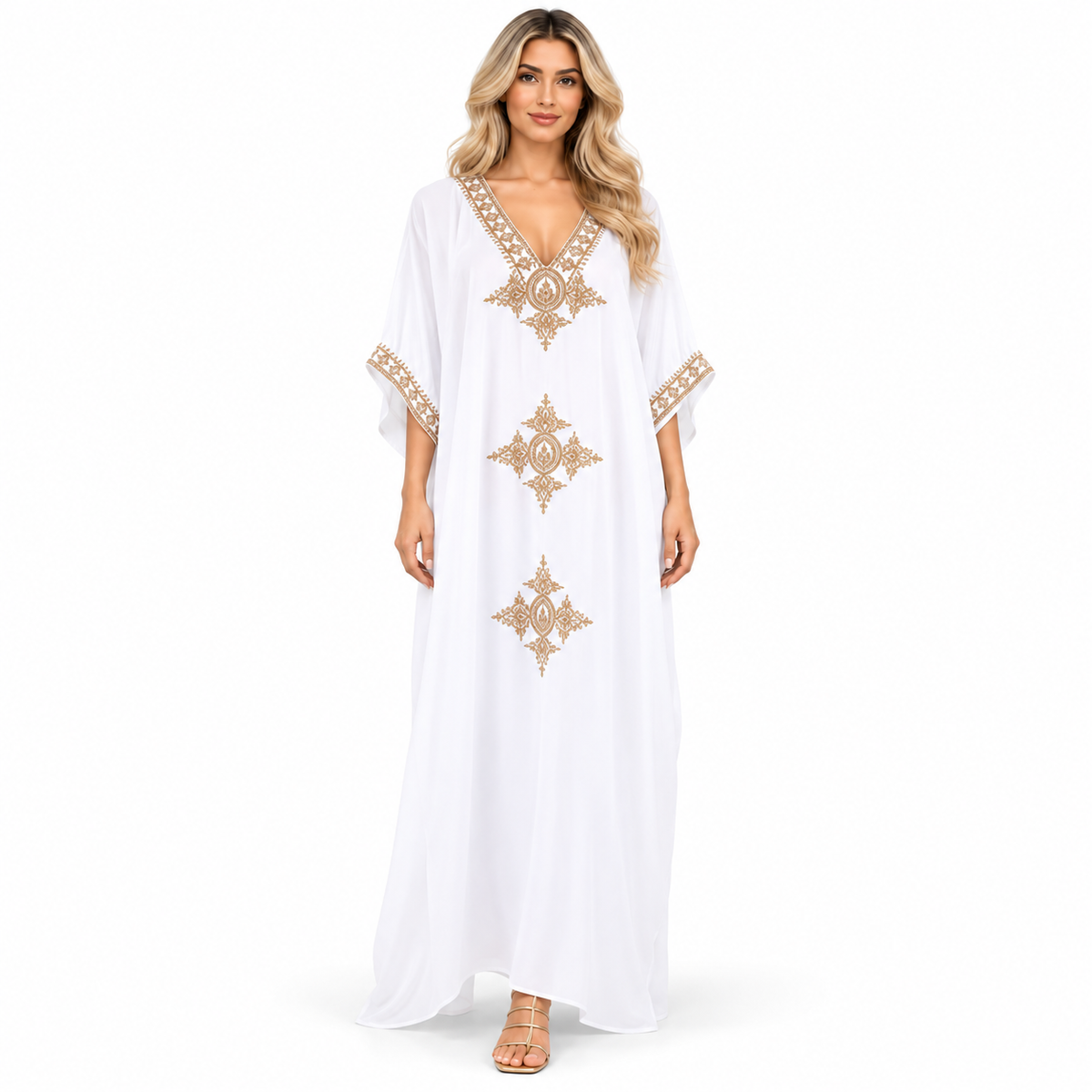 Elegant White Gold Embroidery Modern Kaftan