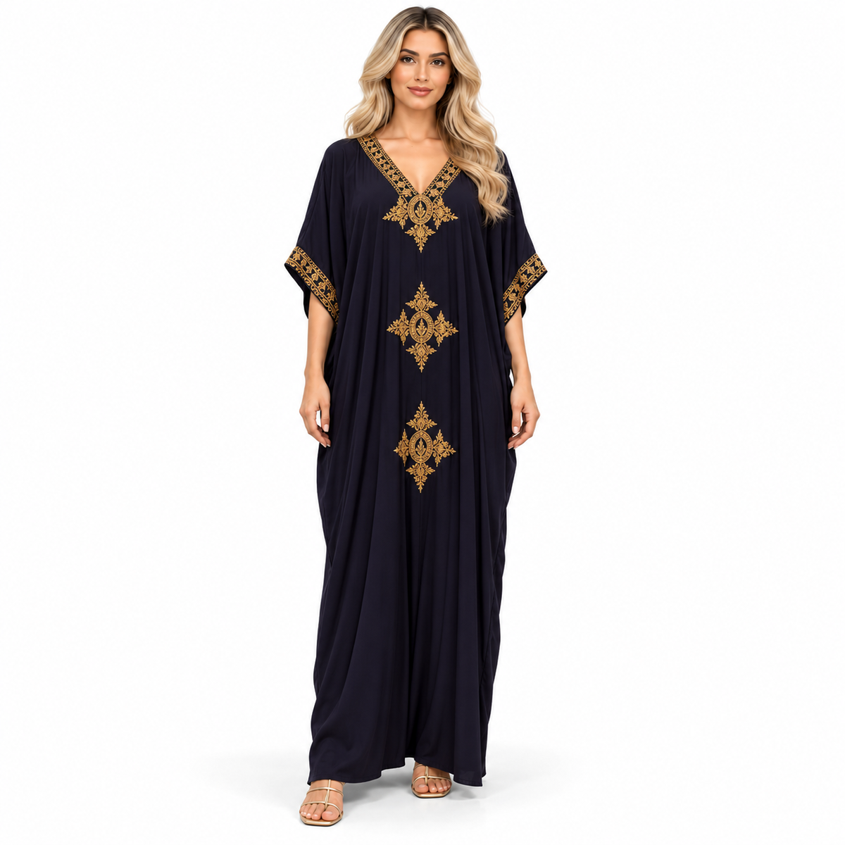 Elegant Navy Gold Embroidery Modern Kaftan