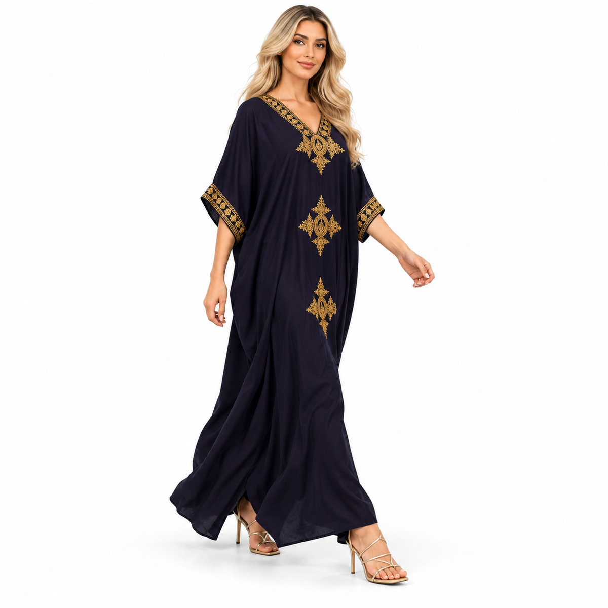 Elegant Navy Gold Embroidery Modern Kaftan