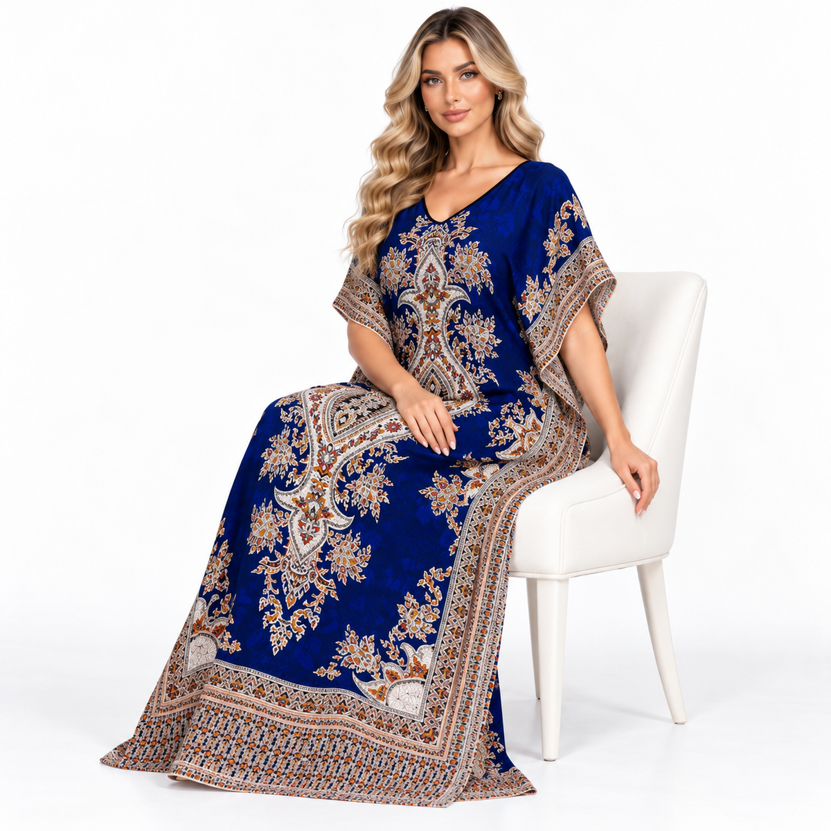 Royal Blue Ornate Print Modern Kaftan