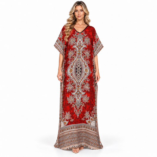 Red Ornate Paisley Printed Modern Kaftan
