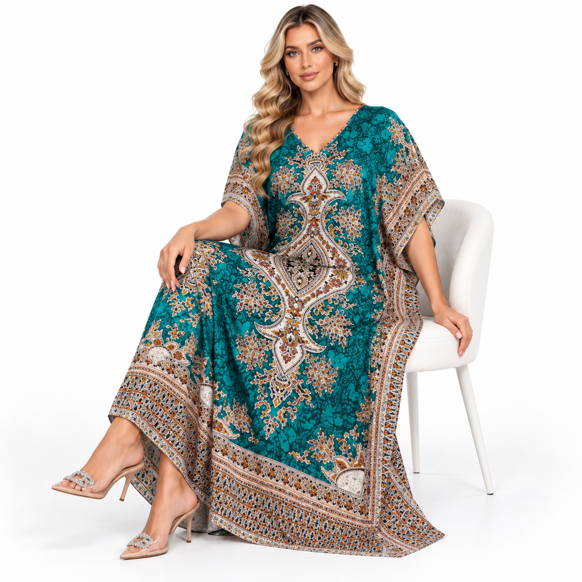 Green Ornate Paisley Print Modern Kaftan