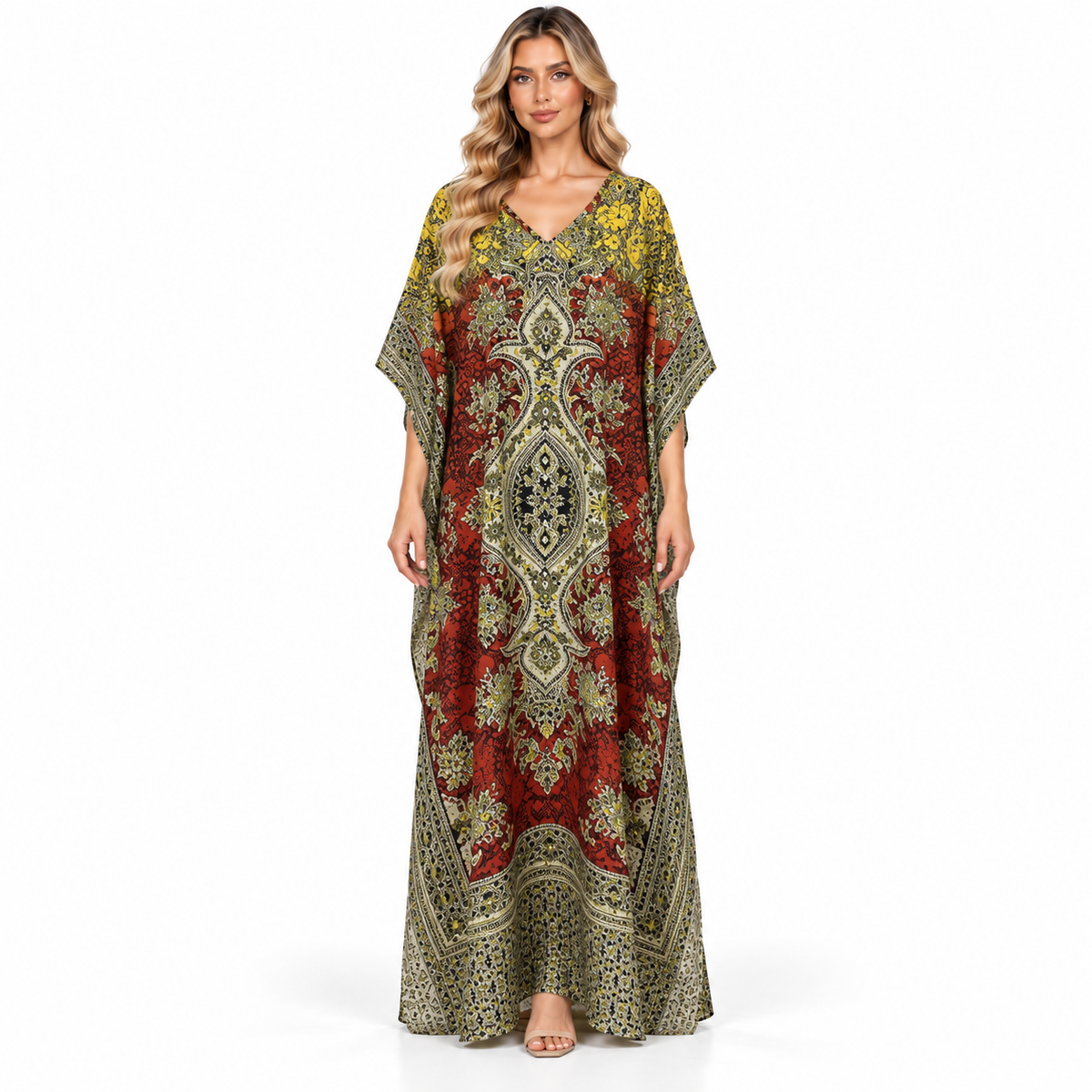 Yellow Ornate Paisley Printed Modern Kaftan