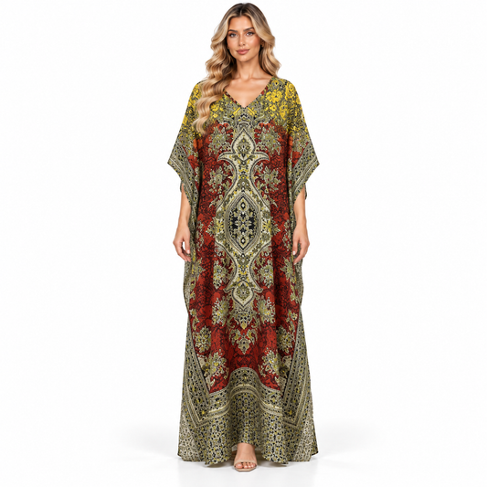 Yellow Ornate Paisley Printed Modern Kaftan