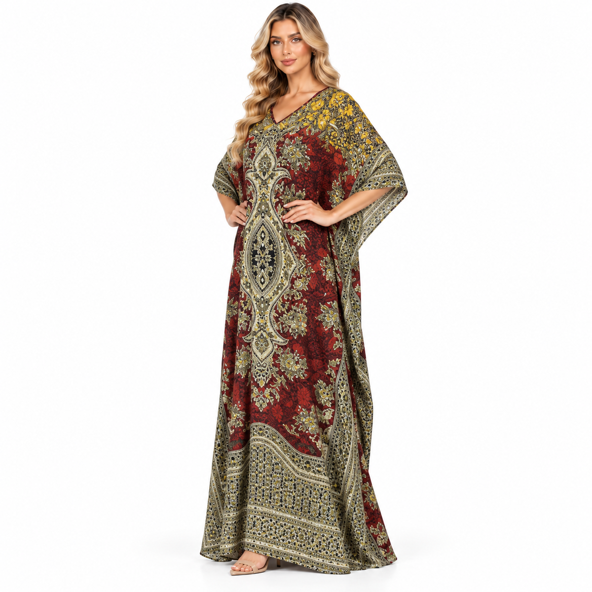 Yellow Ornate Paisley Printed Modern Kaftan