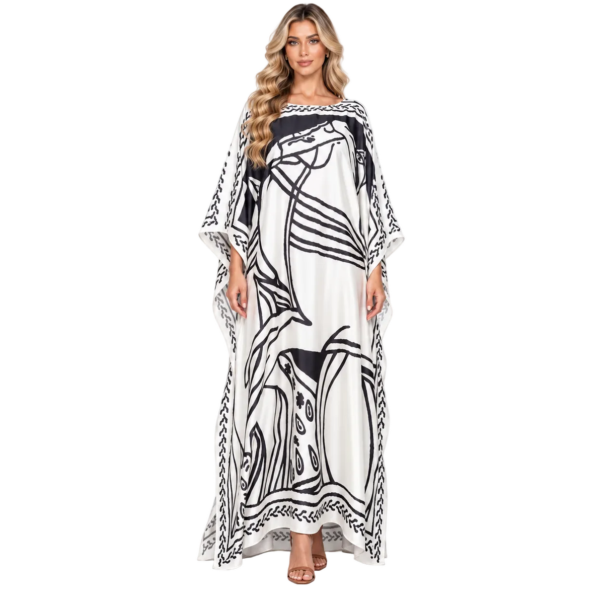 White Abstract Print Modern Kaftan Dress