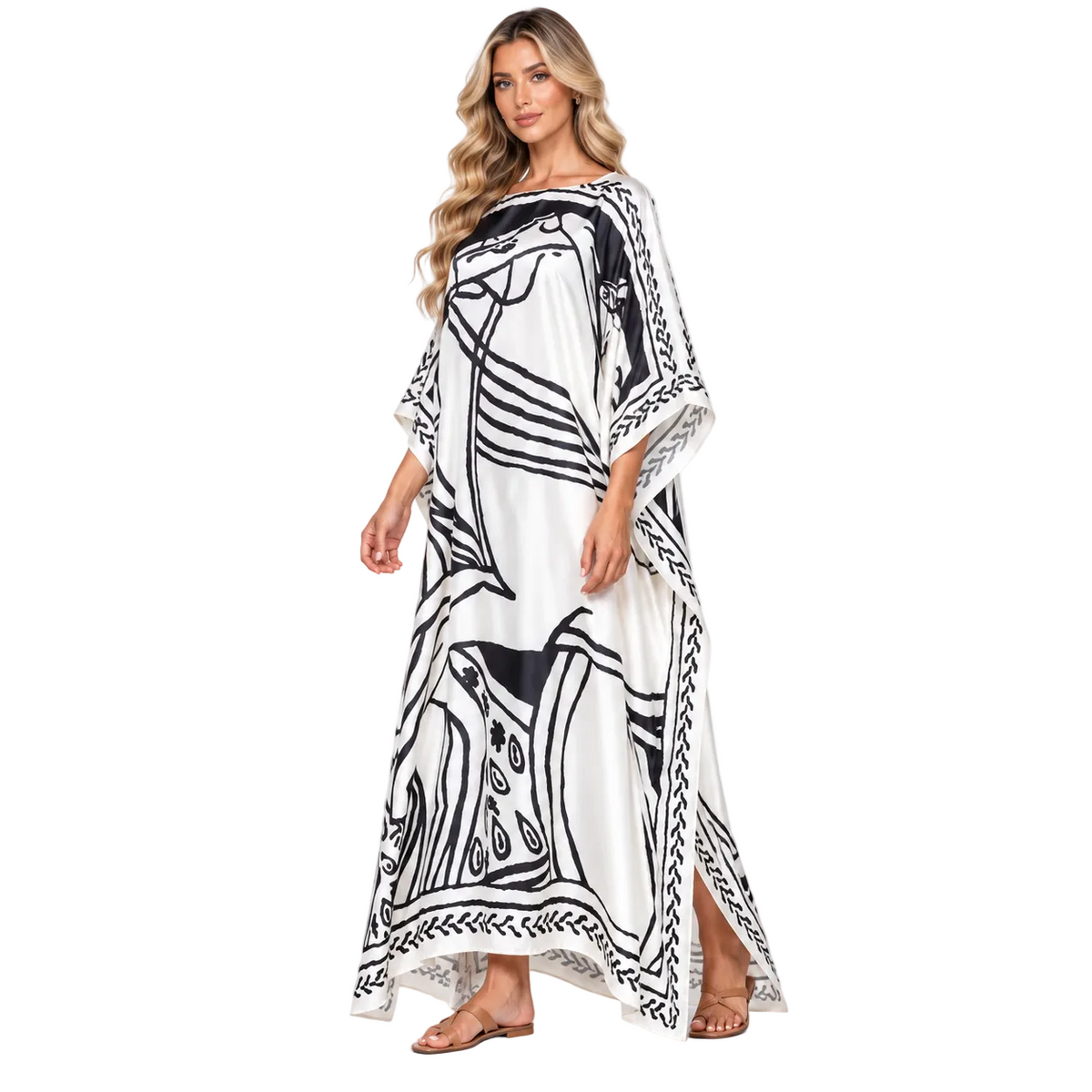 White Abstract Print Modern Kaftan Dress
