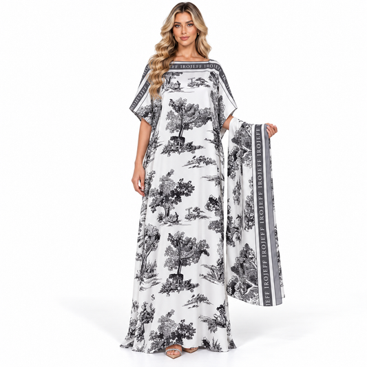 Elegant Monochrome Landscape Printed Modern Kaftan