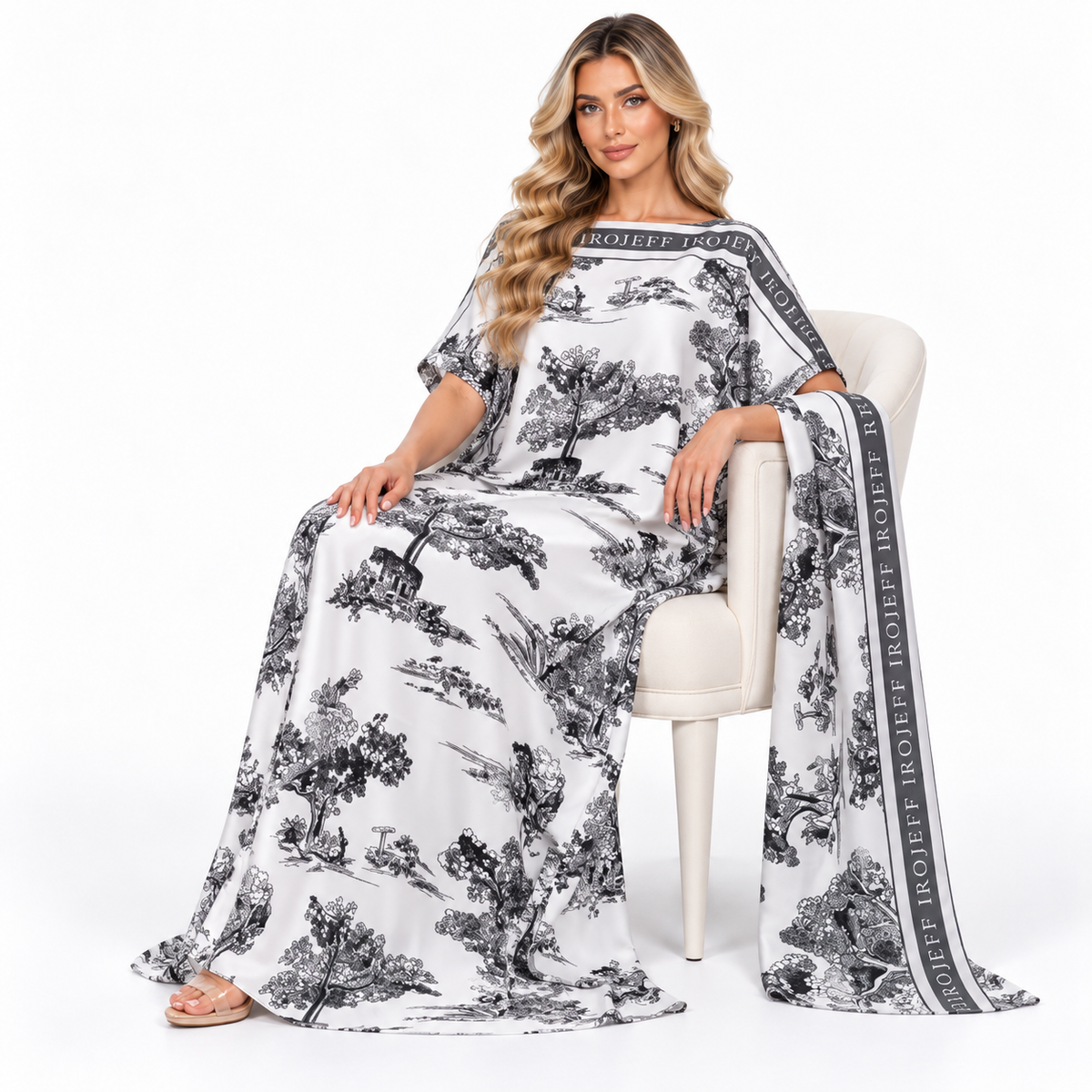 Elegant Monochrome Landscape Printed Modern Kaftan