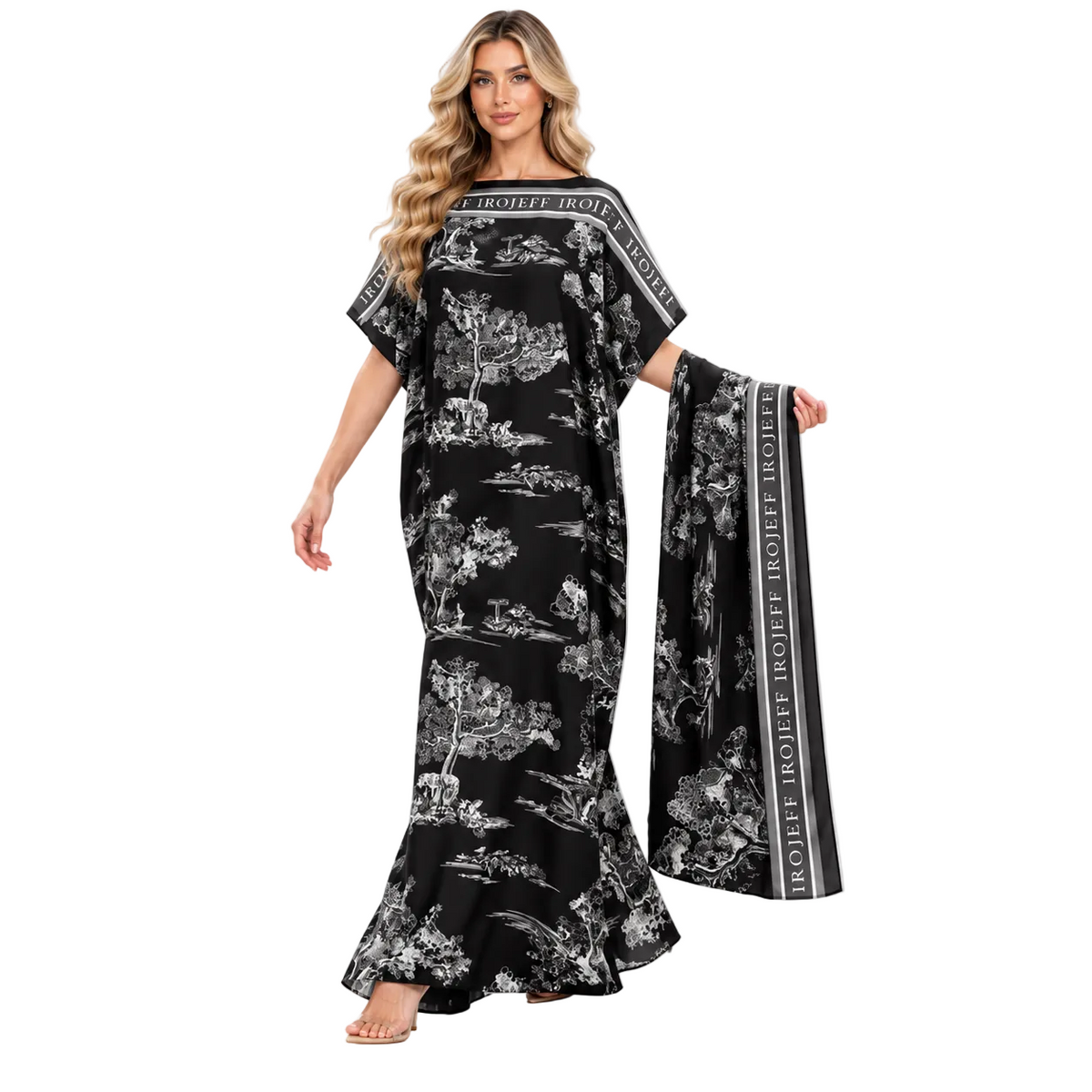 Elegant Black Scenic Print Modern Kaftan
