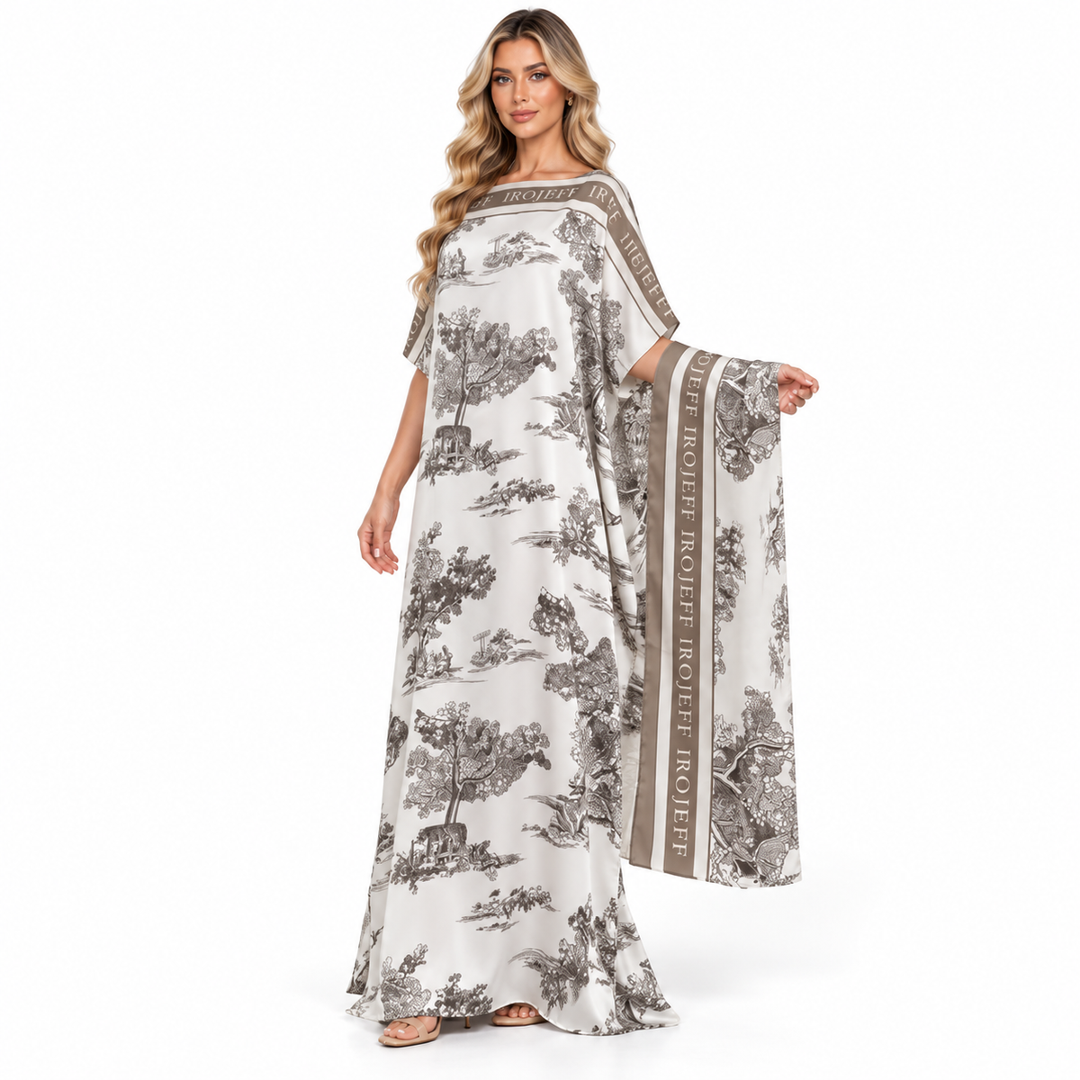 Ivory Scenic Print Elegant Modern Kaftan