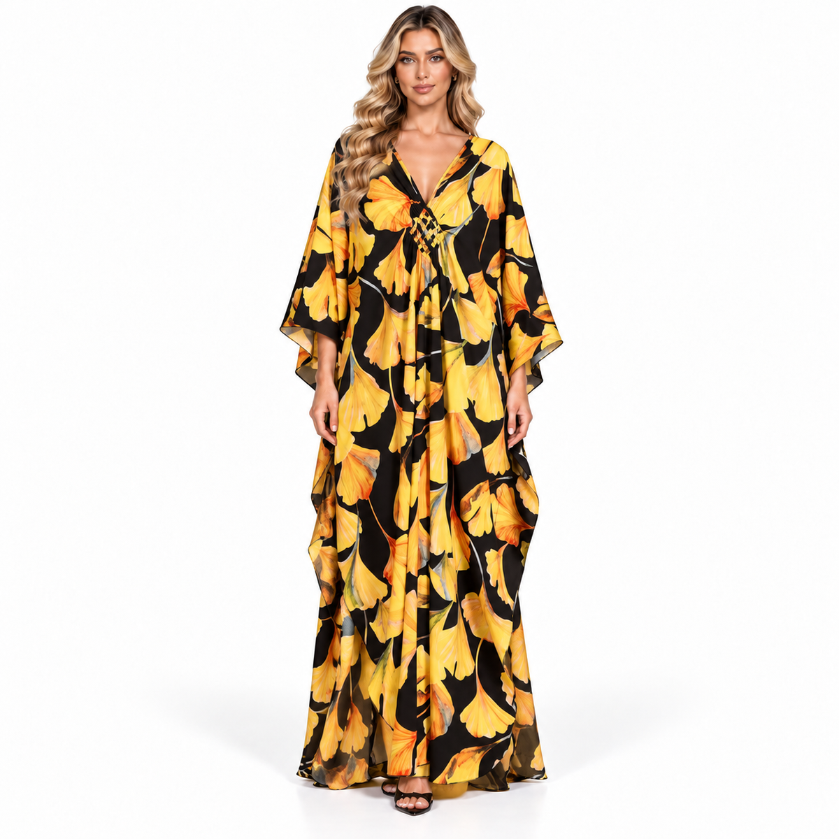 Elegant Yellow Floral Print Modern Kaftan