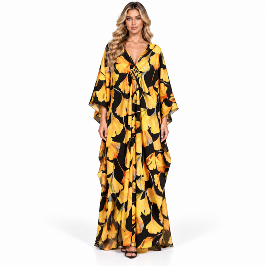 Elegant Yellow Floral Print Modern Kaftan
