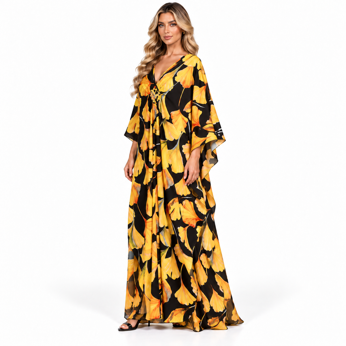 Elegant Yellow Floral Print Modern Kaftan