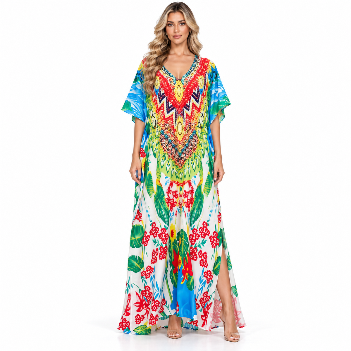 Vibrant Tropical Floral Printed Modern Kaftan