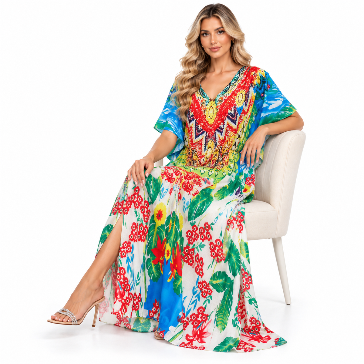 Vibrant Tropical Floral Printed Modern Kaftan