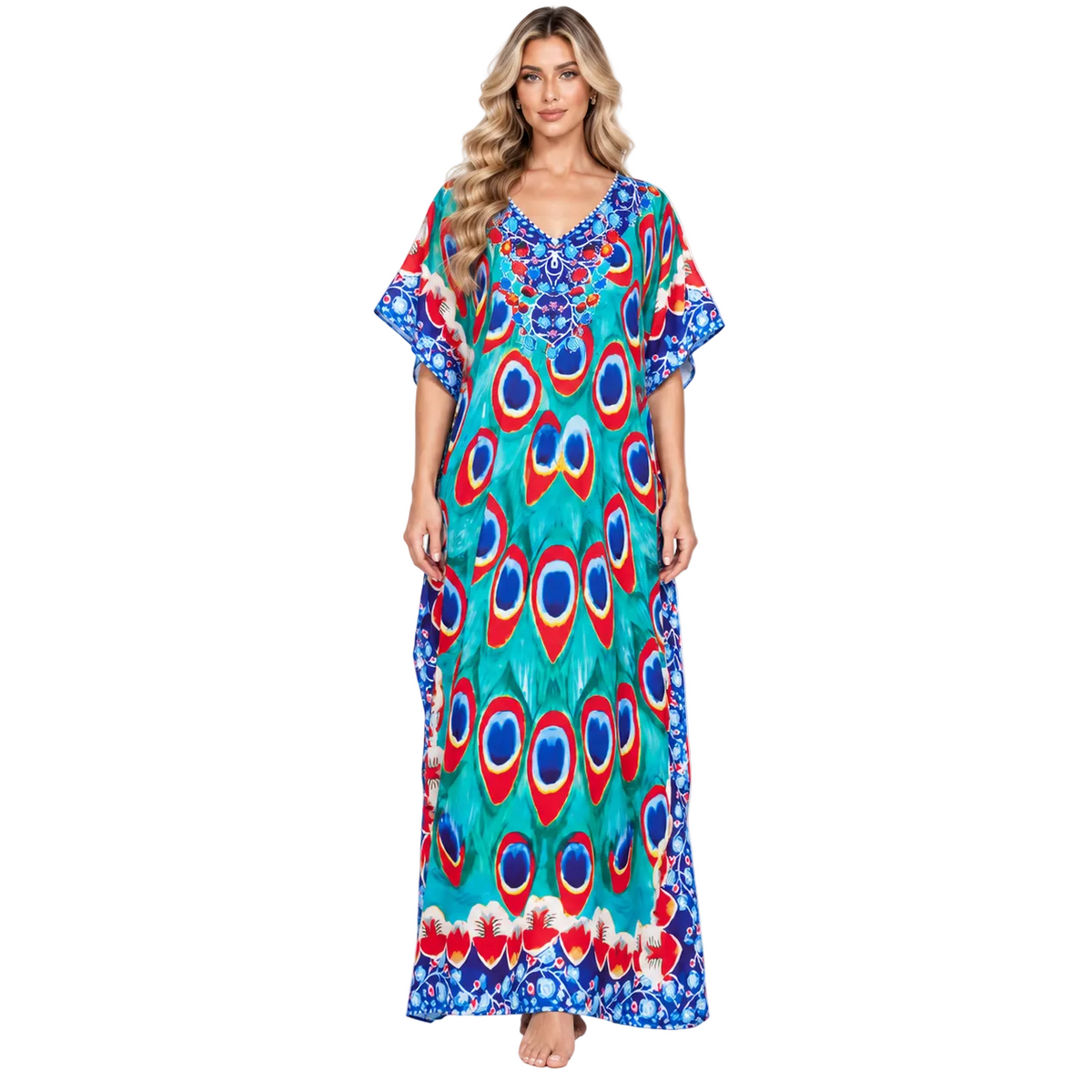Turquoise Peacock Print Elegant Modern Kaftan