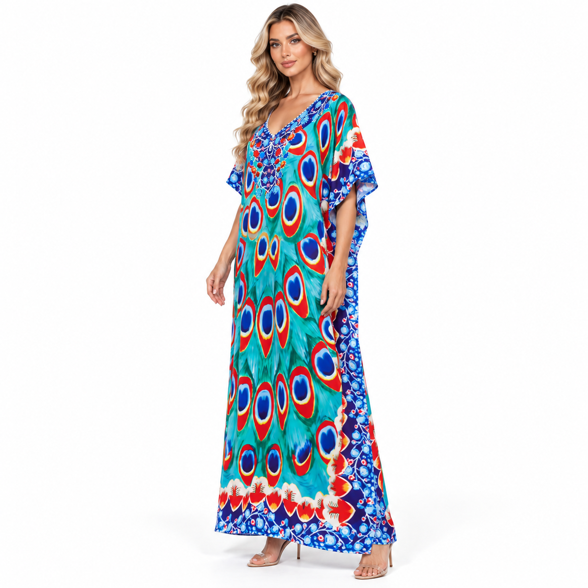 Turquoise Peacock Print Elegant Modern Kaftan