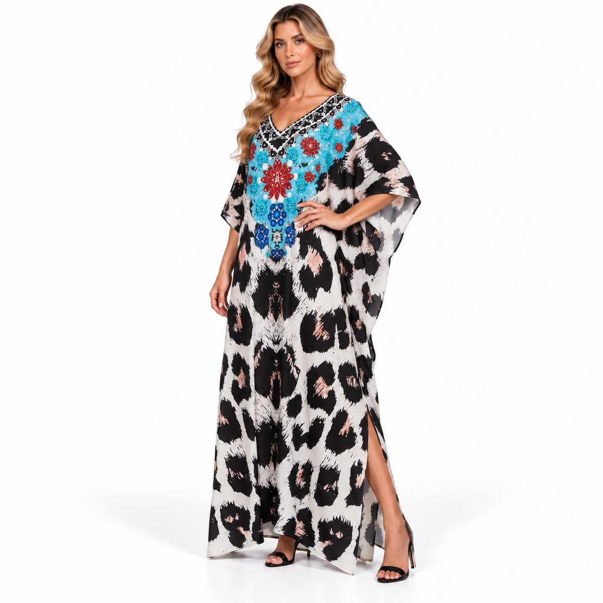 Elegant Turquoise Floral Print Modern Kaftan