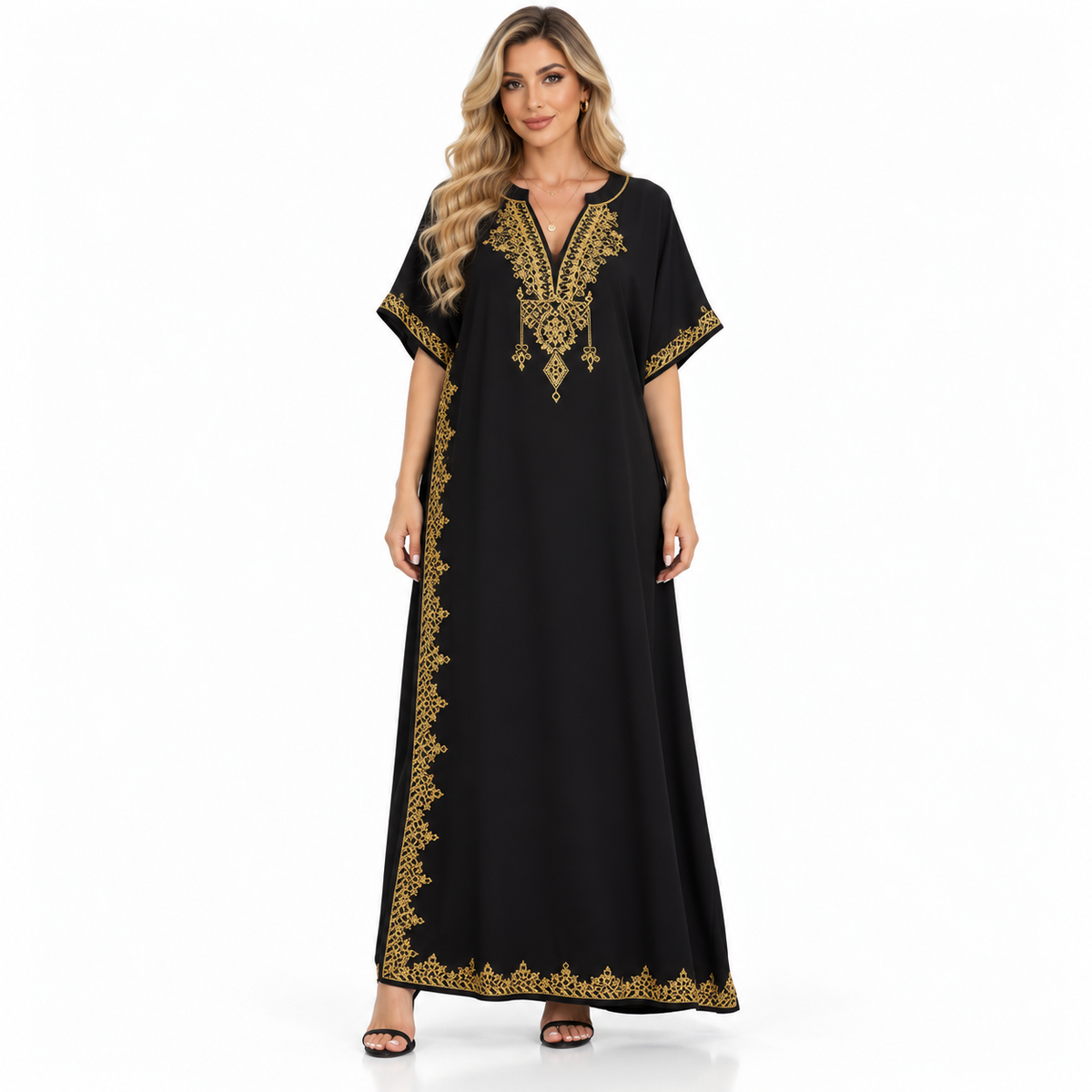 Elegant Black Gold Embroidered Modern Kaftan