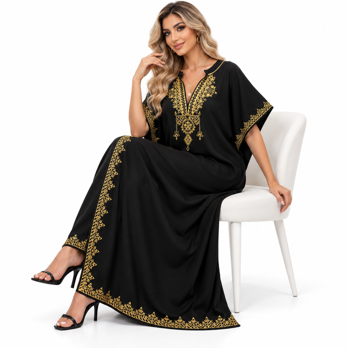 Elegant Black Gold Embroidered Modern Kaftan