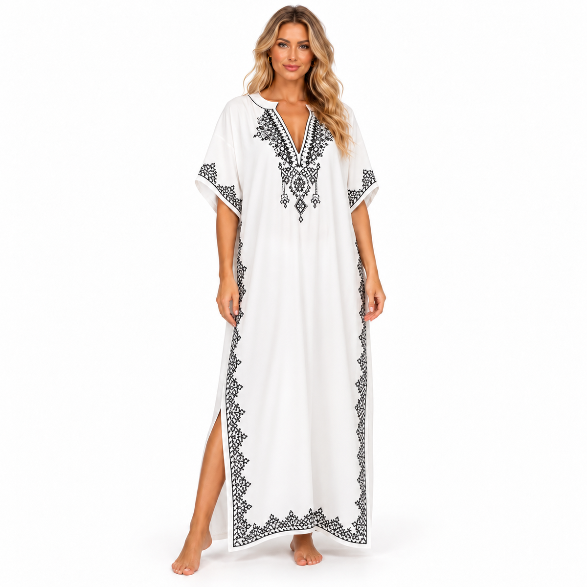 Elegant White Black Embroidered Modern Kaftan