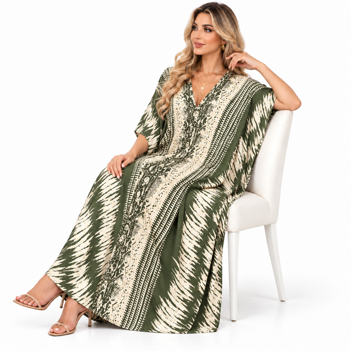 Elegant Olive Green Printed Modern Kaftan
