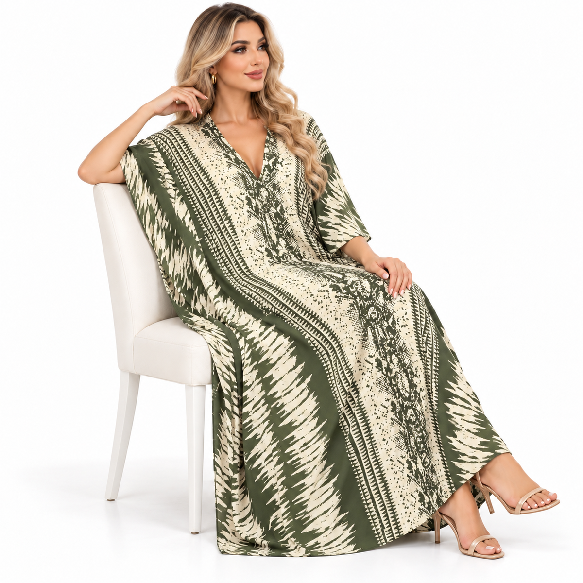 Elegant Olive Green Printed Modern Kaftan