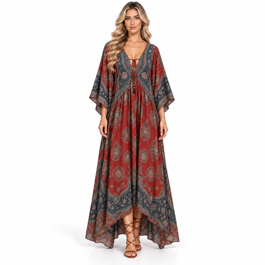 Rust Red Paisley Print Modern Kaftan