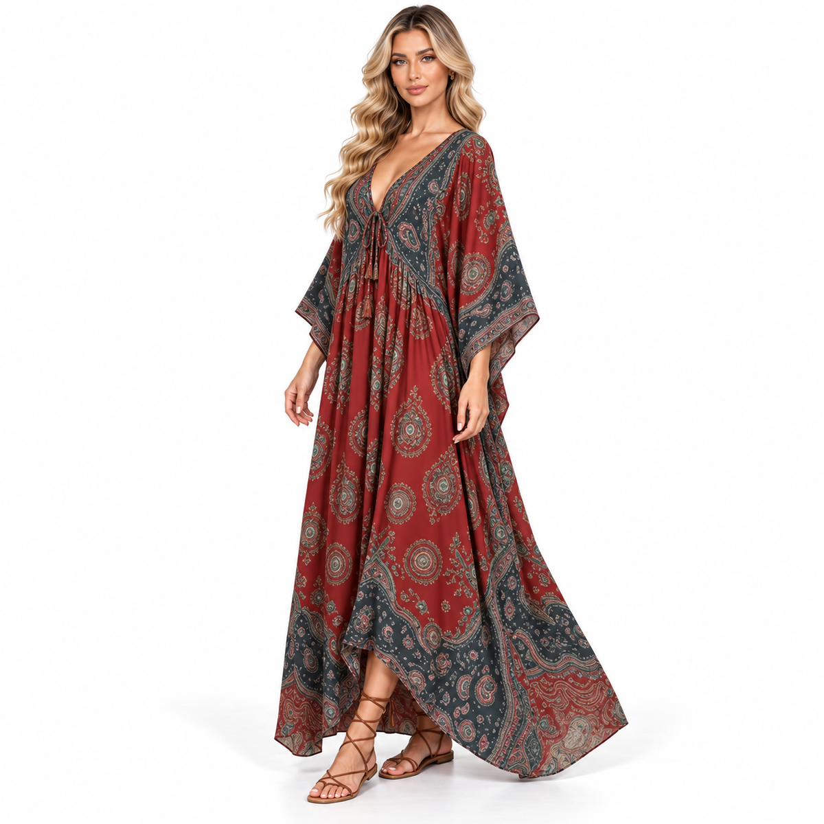 Rust Red Paisley Print Modern Kaftan