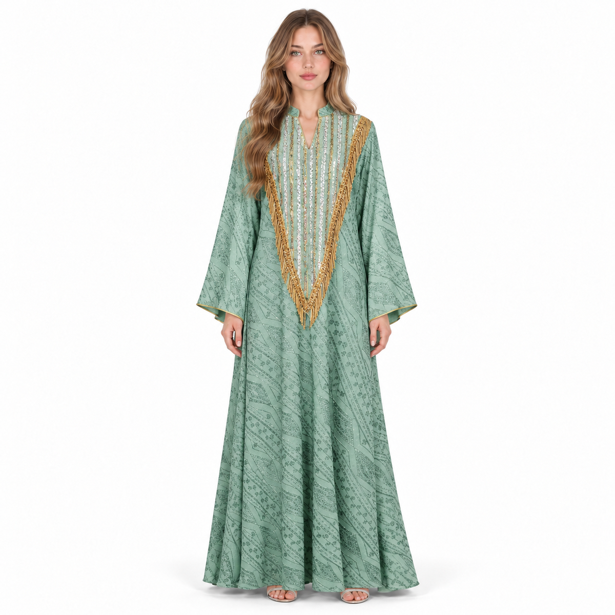 Elegant Mint Green Gold Sequin Kaftan