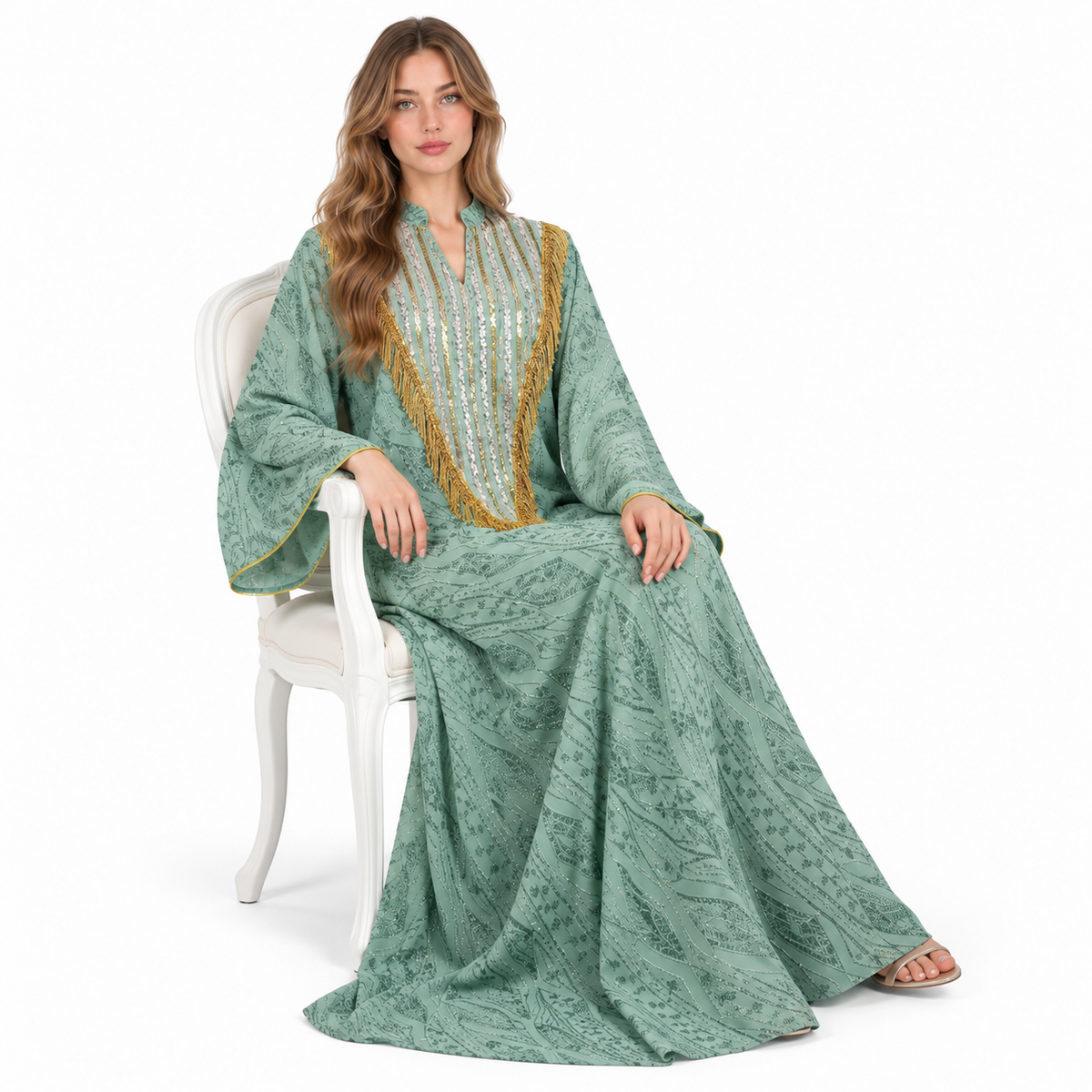Elegant Mint Green Gold Sequin Kaftan
