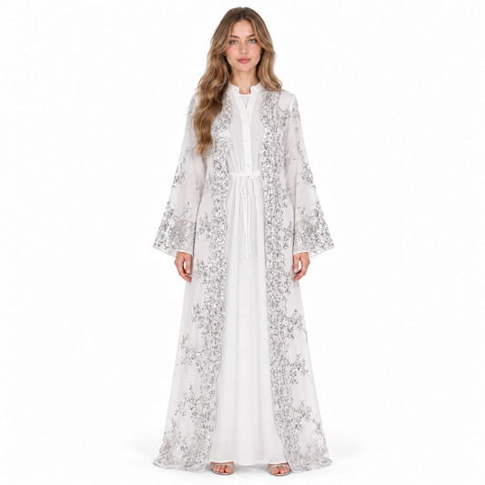 Elegant White Silver Embroidered Sequin Kaftan