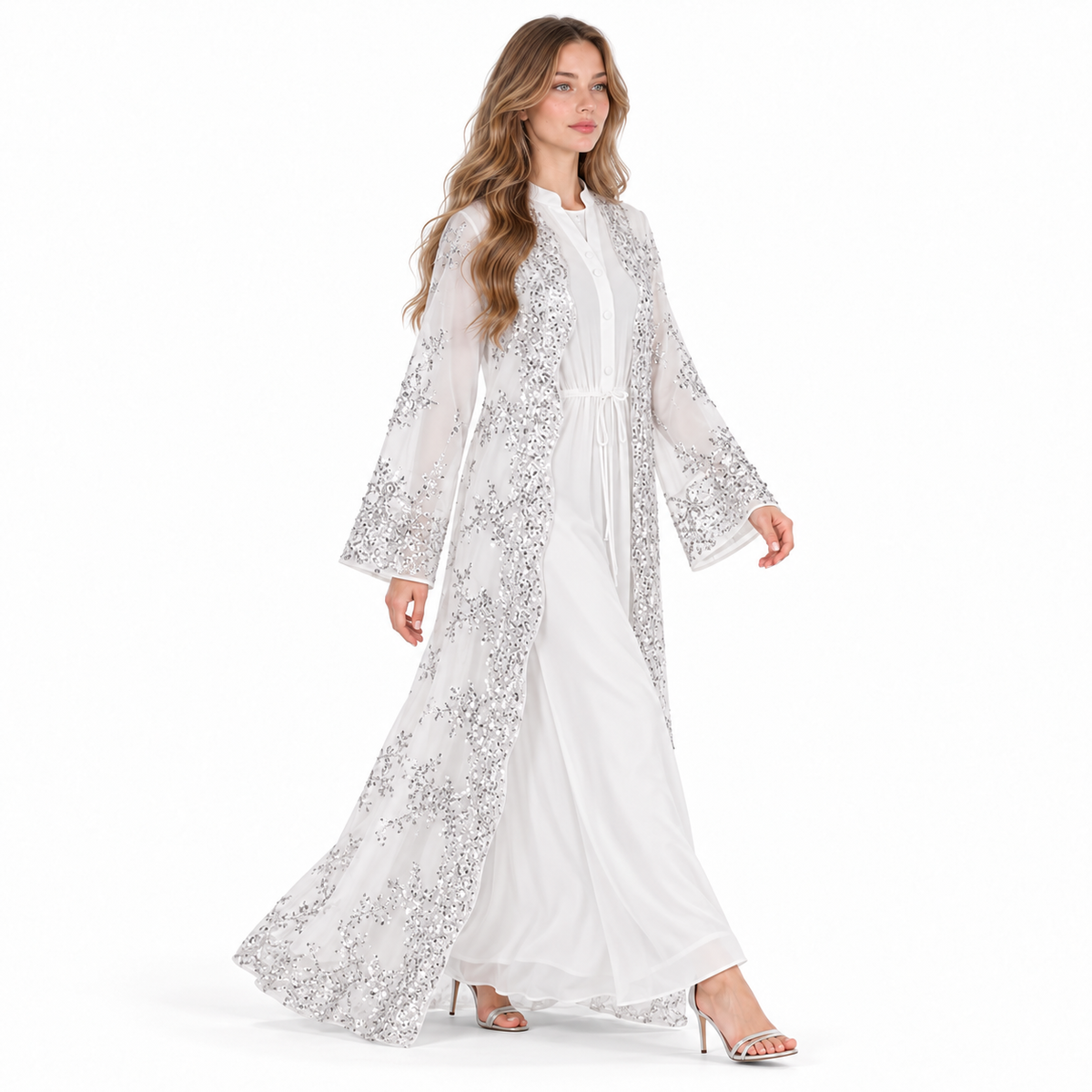 Elegant White Silver Embroidered Sequin Kaftan