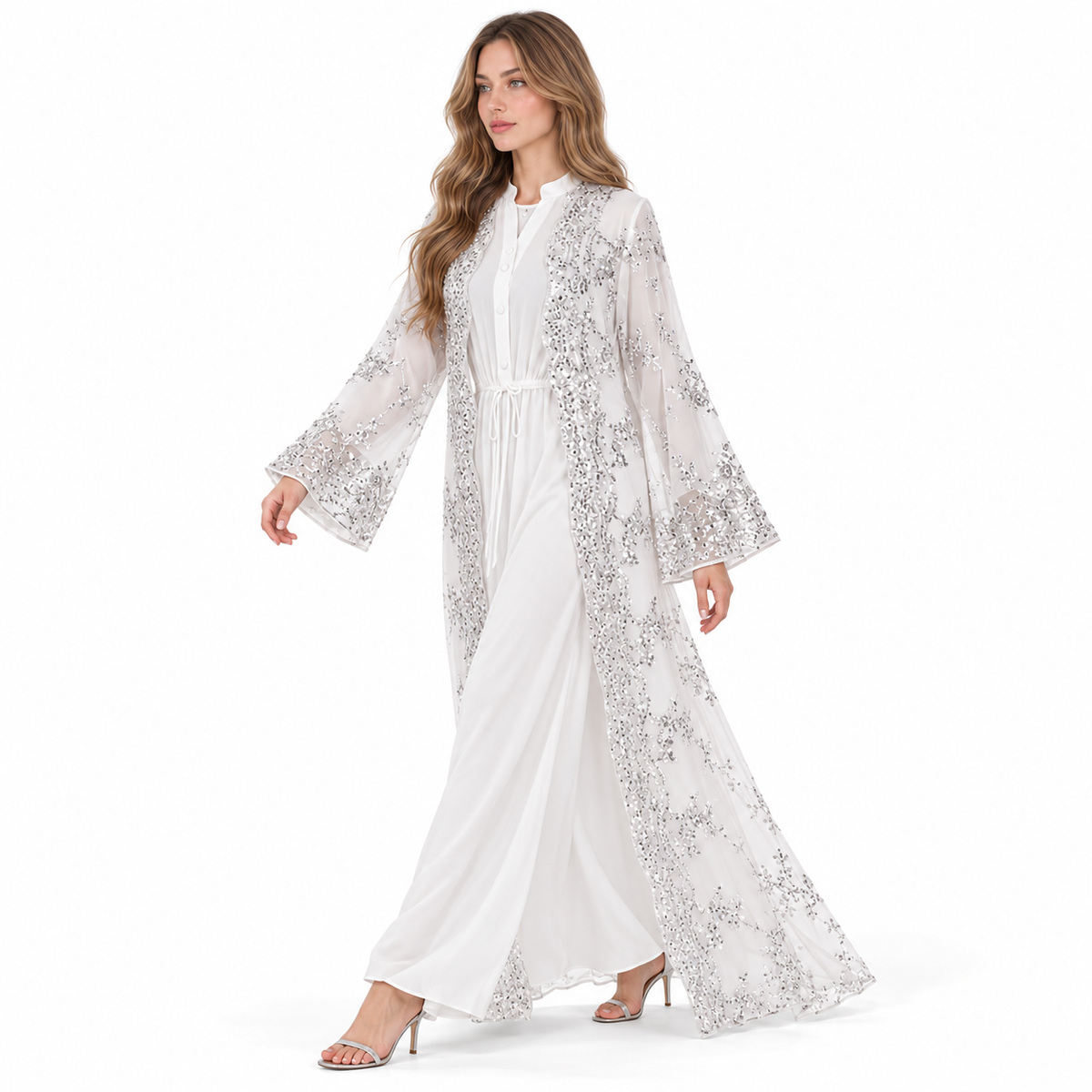 Elegant White Silver Embroidered Sequin Kaftan