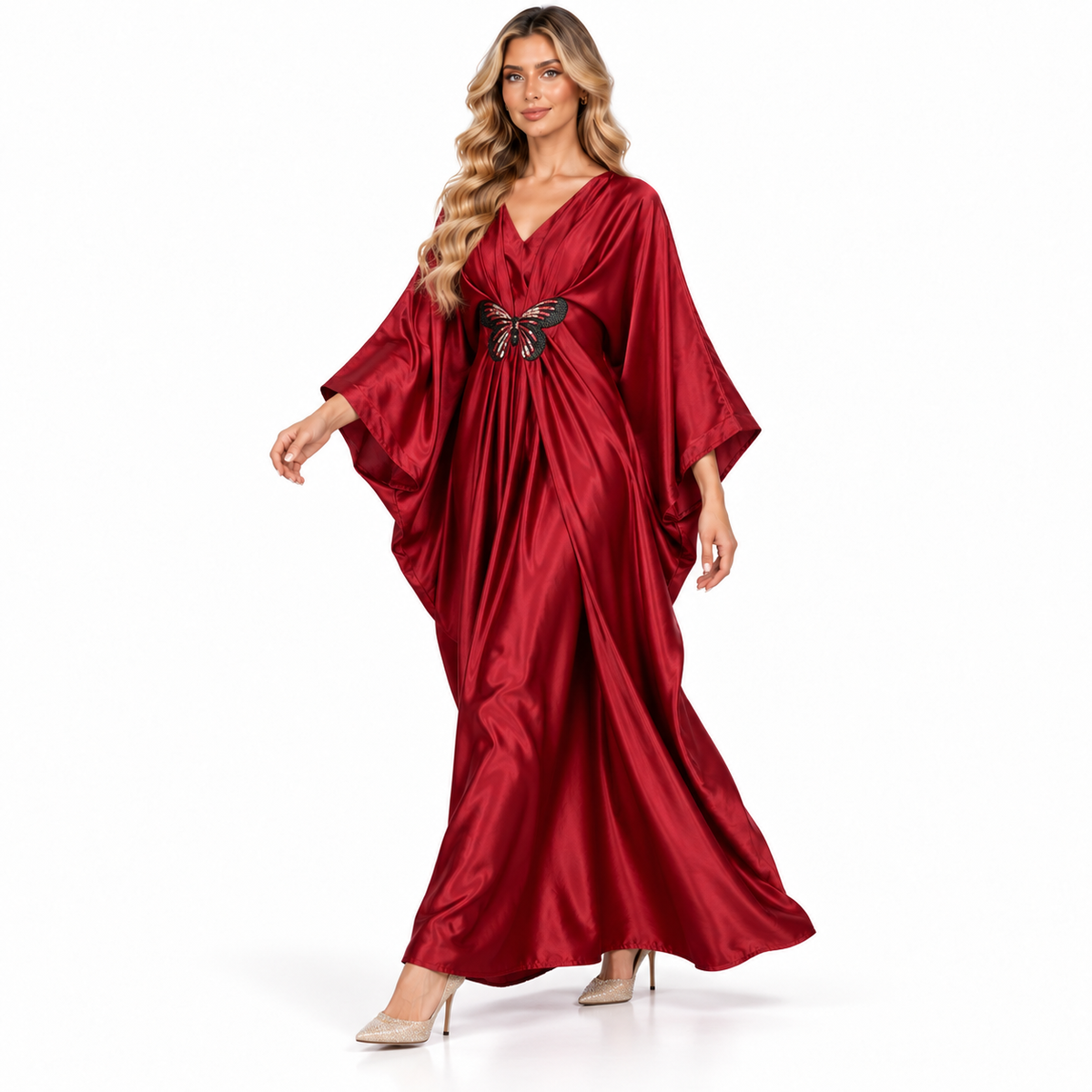 Modern Kaftan Elegant Burgundy Satin Dress