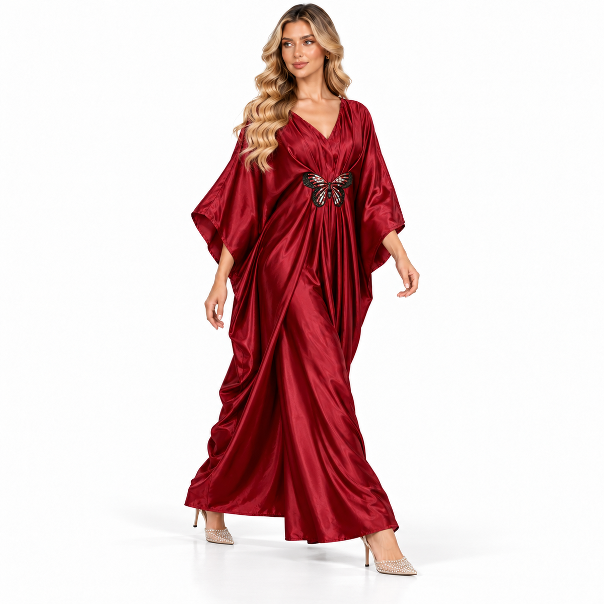 Modern Kaftan Elegant Burgundy Satin Dress