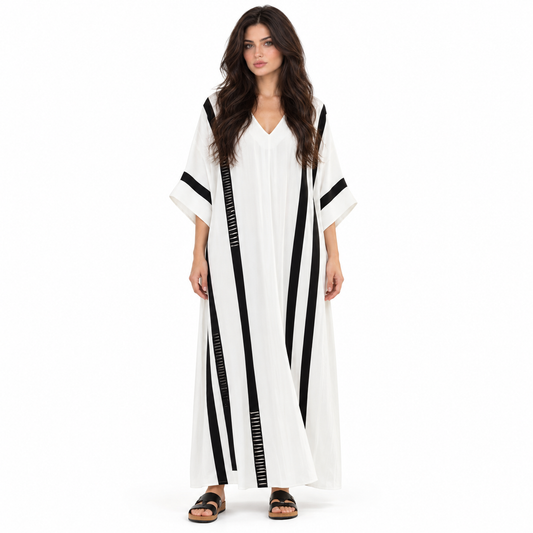 White Kaftan Elegant Black Striped Dress