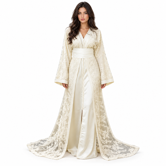 Elegant Ivory Lace Embroidered Moroccan Kaftan