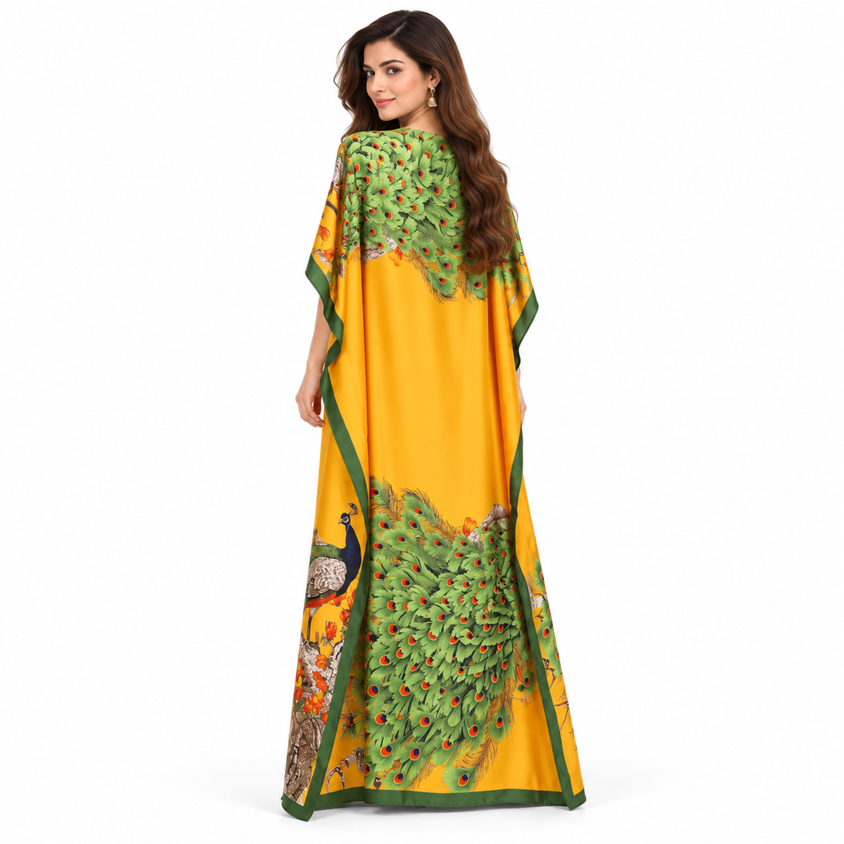 Elegant Yellow Peacock Printed Pakistani Kaftan