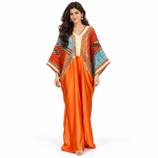 Elegant Orange Multicolor Pakistani Kaftan Dress