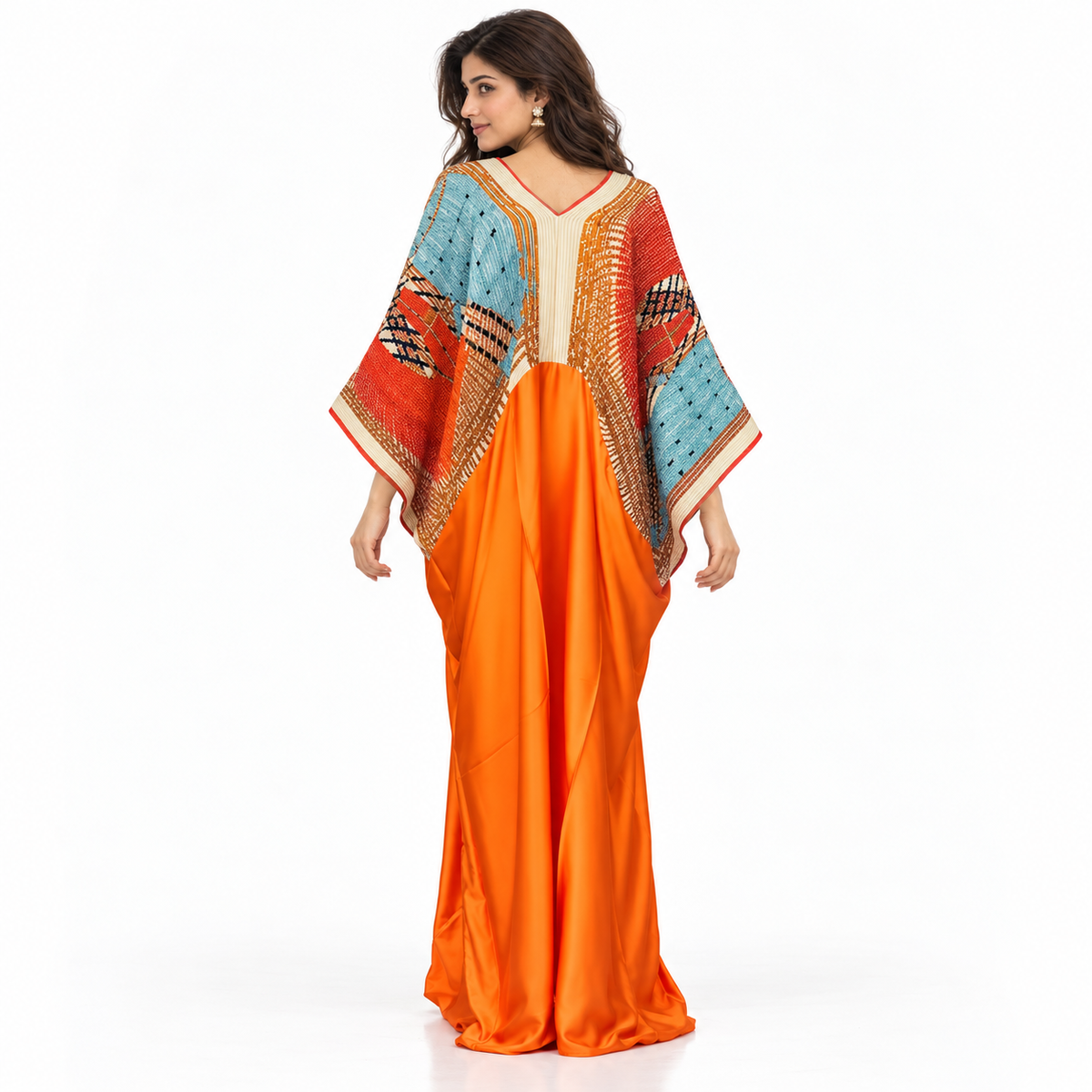 Elegant Orange Multicolor Pakistani Kaftan Dress